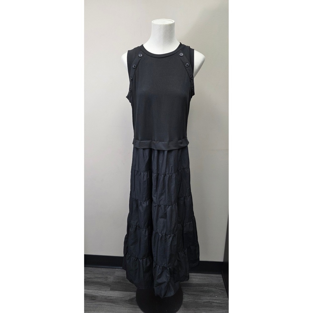 Nicole Miller New York Black Mixed Media Tiered Midi Dress Sleeveless Pockets M